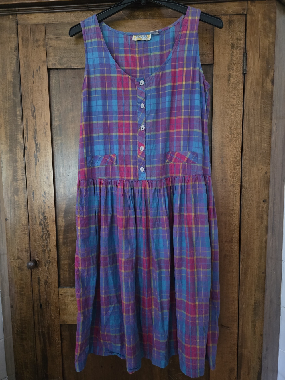 Vintage Plaid Midi Dress in Blue and Purple 100% Cotton Sleeveless Medium